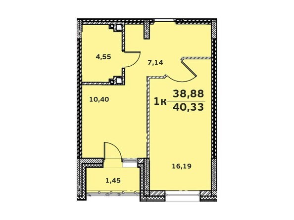 Планировка 1-комнатной квартиры 40,54 кв.м