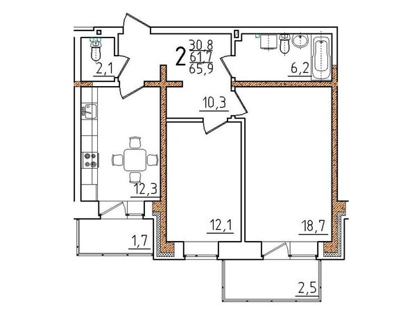 Планировка двухкомнатной квартиры 65,9 кв.м