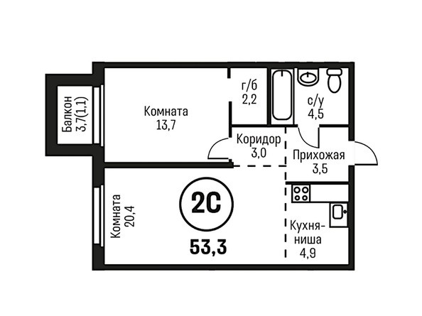 2-комнатная 53.3 кв.м (3й корпус)