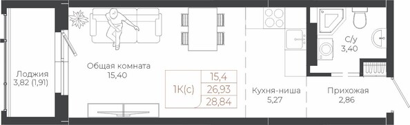 Планировка 1-комн 28,84 м²