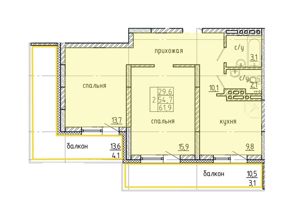 Планировка 2-комн 61,9, 62 м²