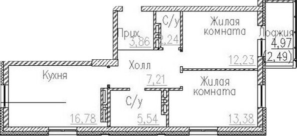 Планировка 2-комн 61,24 м²
