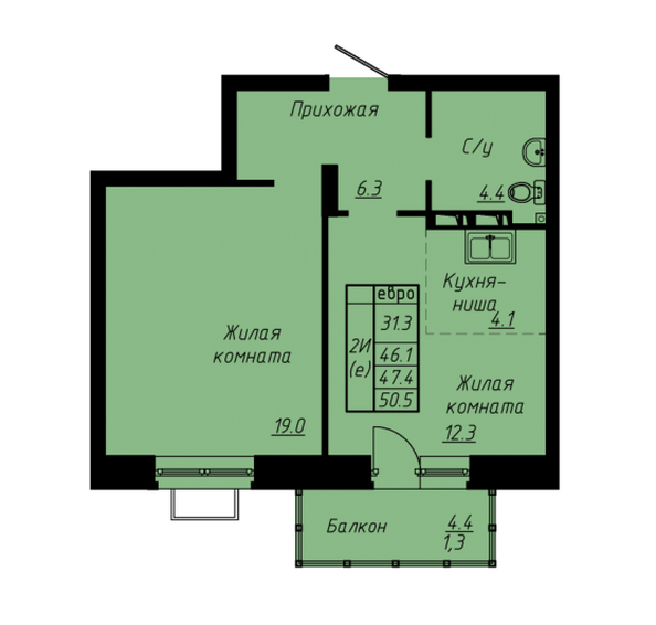 Планировка 2-комн 47,4 м²