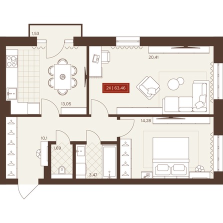 Планировка 2-комн 63,46 м²