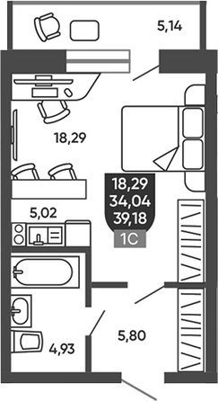 Планировка Студия 34,04 м²