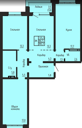 Планировка 3-комн 88,3 м²