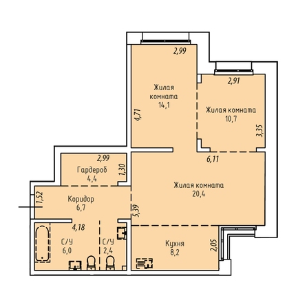 Планировка 3-комн 72,4 - 72,9 м²