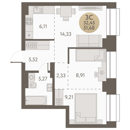 Планировка 3-комн 51,68 м²