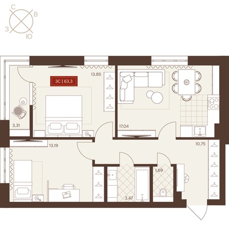 Планировка 3-комн 63,3 м²