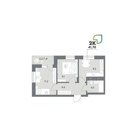Планировка 2-комн 41,6, 42 м²
