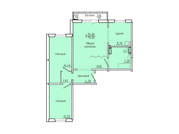 Планировка трехкомнатной квартиры 75,35 кв.м