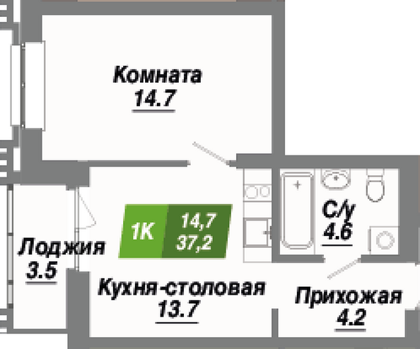 Планировка 1-комн 37,2 м²