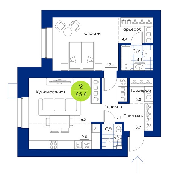Планировка 2-комн 65,6 м²