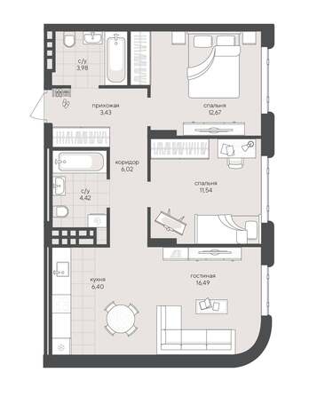 Планировка 2-комн 64,95, 65,04 м²