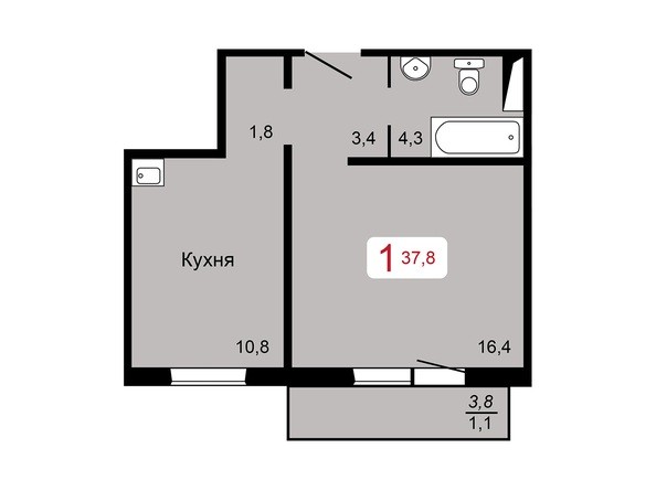 1-комнатная 37,8 кв.м
