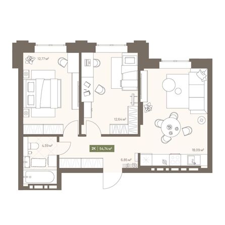 Планировка 2-комн 54,74 м²