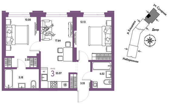 Планировка 3-комн 55,07 - 59,36 м²
