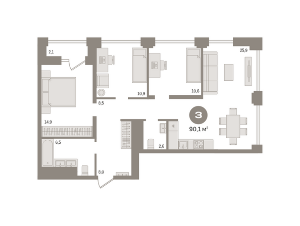 Планировка 3-комн 90,13, 90,41 м²