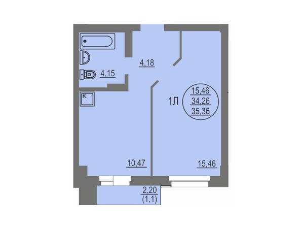 1-комнатная 35.36 кв.м