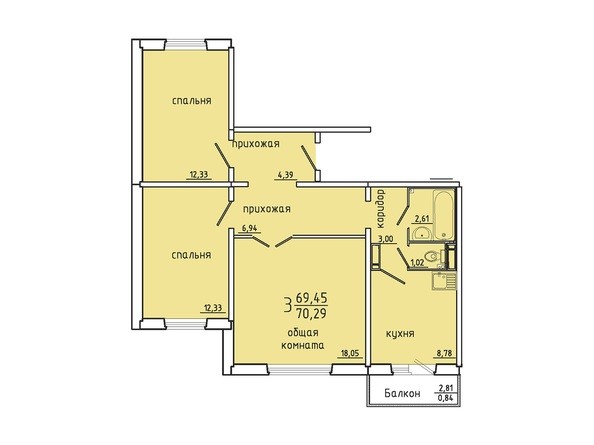 Планировка трехкомнатной квартиры 70,29 кв.м