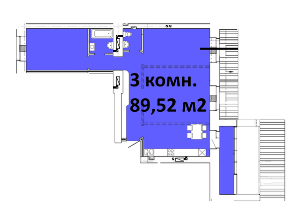 Типовая планировка 3-комнатной квартиры 89,52 кв.м