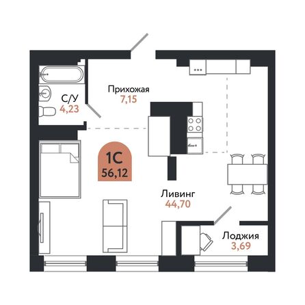 Планировка 1-комн 56,12 м²