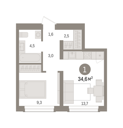 Планировка 1-комн 34,6 м²