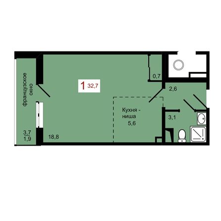 Планировка 1-комн 32,7 м²