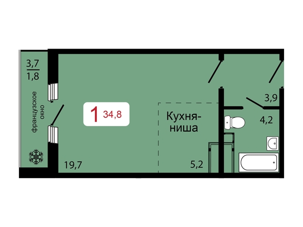 Планировка 1-комн 34,8, 35,4 м²