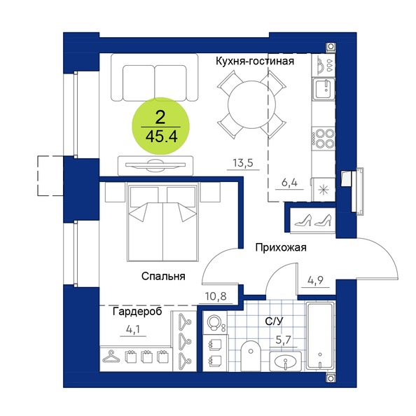Планировка 2-комн 45,4 м²