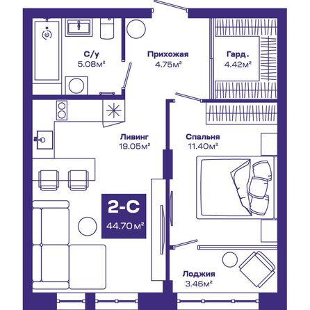 Планировка 2-комн 44,7 м²