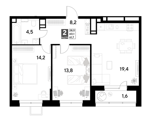 Планировка 2-комн 61,7, 63,5 м²