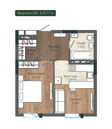 Планировка 2-комн 37,77 м²