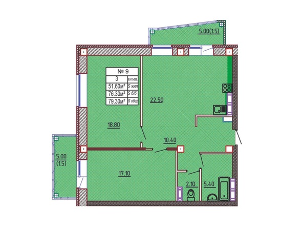 Планировка 3-комн 76,9, 79,3 м²