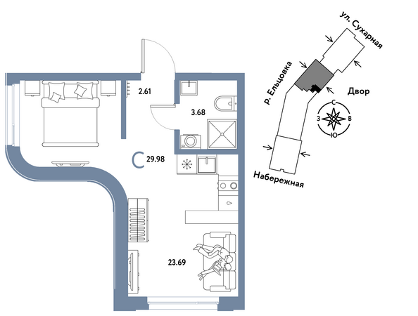 Планировка Студия 29,98, 32,69 м²