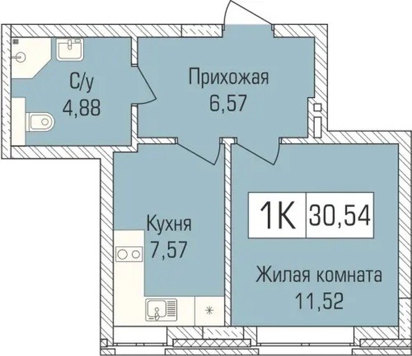 Планировка 1-комн 30,54 м²