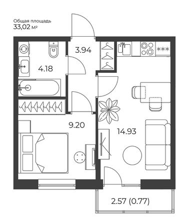 Планировка 1-комн 33,02 м²