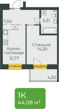 Планировка 1-комн 44,08 - 45,27 м²