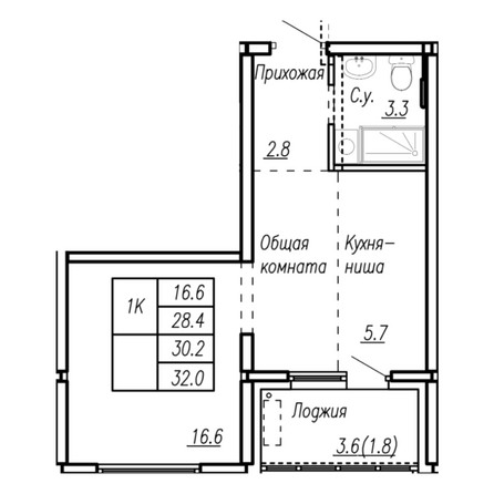 Планировка 1-комн 30,2 м²