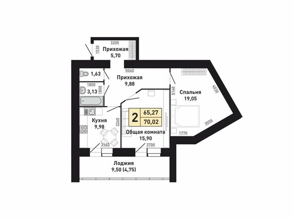 Планировка двухкомнатной квартиры 65,27 кв.м