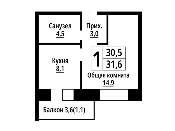 Планировка 1-комн 31,6 м²