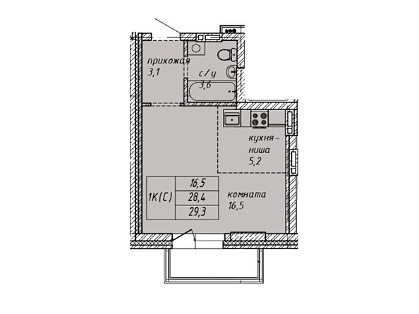 Планировка 1-комн 29,3 м²