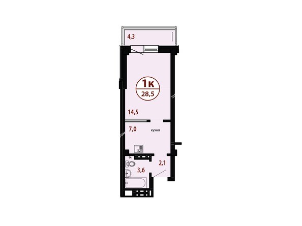 Секция №3. Планировка однокомнатной квартиры 28,5 кв.м