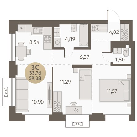 Планировка 3-комн 58,99, 59,38 м²