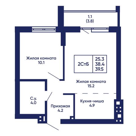 Планировка 2-комн 39,5, 39,6 м²