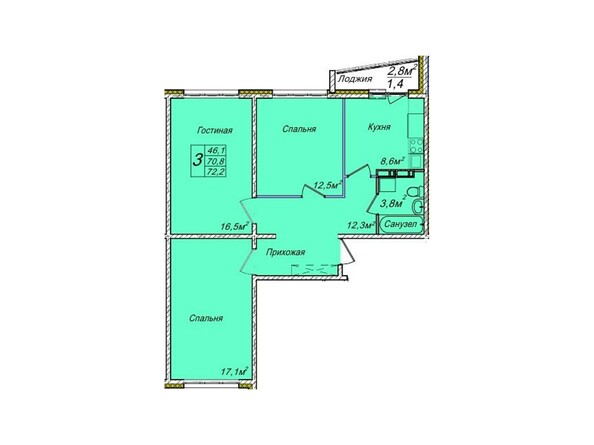 Планировка трехкомнатной квартиры 72,2 кв.м
