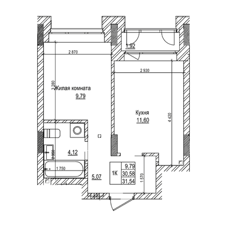 Планировка 1-комн 30,5 м²