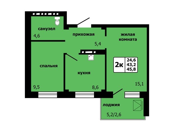 Планировка 2-комнатной квартиры 45,8 кв.м