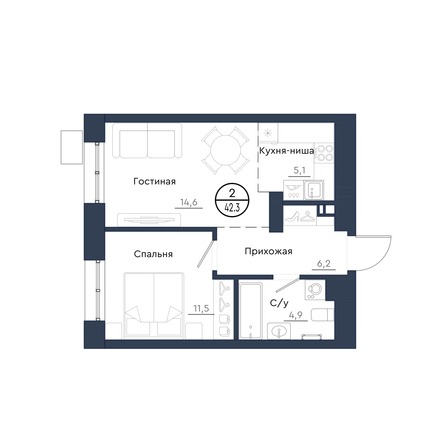 Планировка 2-комн 42,3 м²