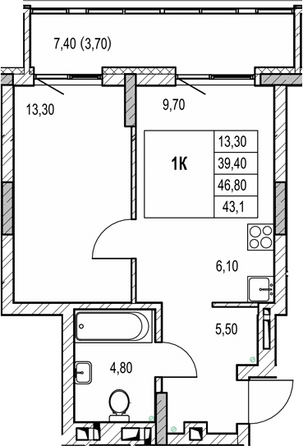 Планировка 1-комн 39,4 м²